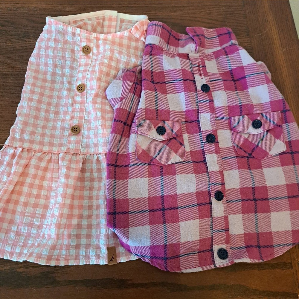 Nautica Pet Dress and Top Paw Plaid Shacket Bundle Pink Gingham Medium 2pc Set